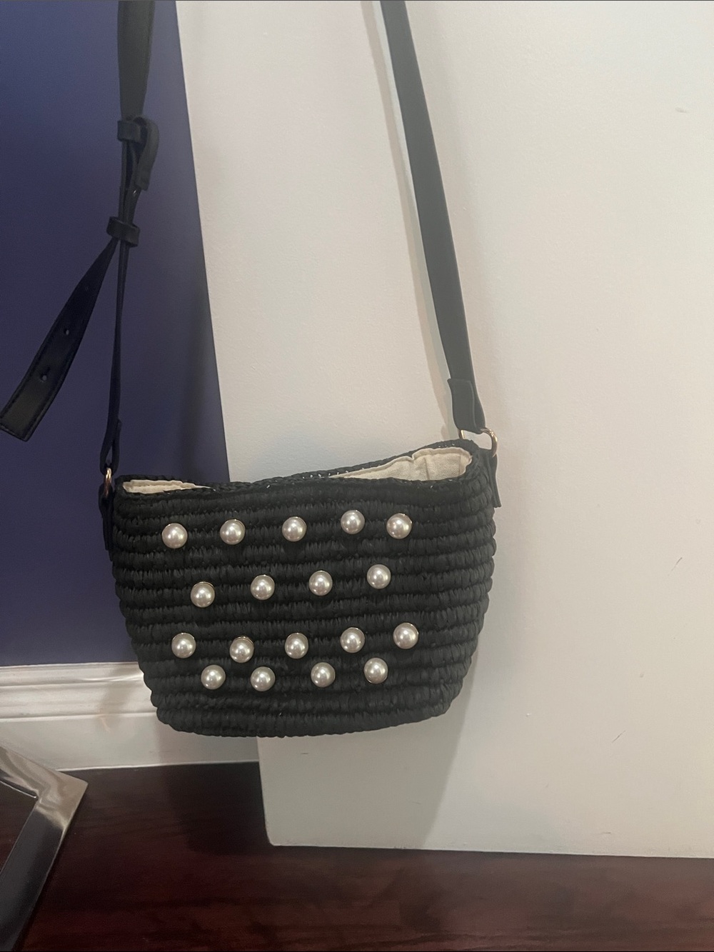 Black Pearl-Accent Woven Crossbody Bag